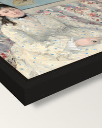 The Sisters by Berthe Morisot framed canvas, corner close-up: a black floating frame with a shadow gap round the canvas