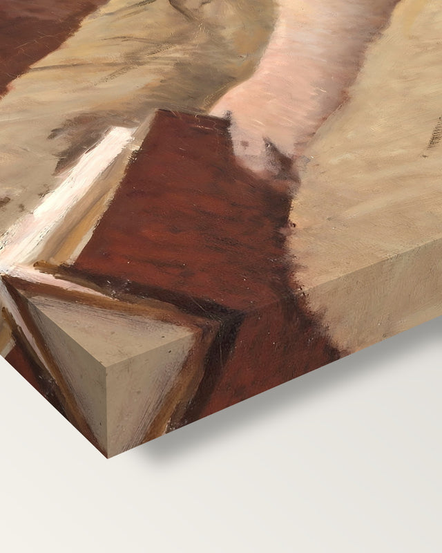 Interrupted Reading by Camille Corot on stretched canvas, corner close-up: the painting mirror-wrapped round the sides
