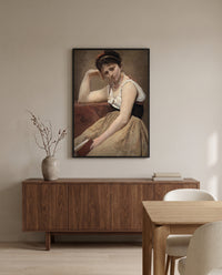 Interrupted Reading by Camille Corot in a black frame above a walnut sideboard in a dining room