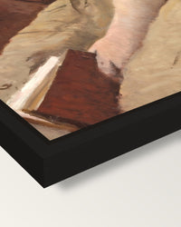 Interrupted Reading by Corot framed canvas, corner close-up: a black floating frame with a shadow gap round the canvas
