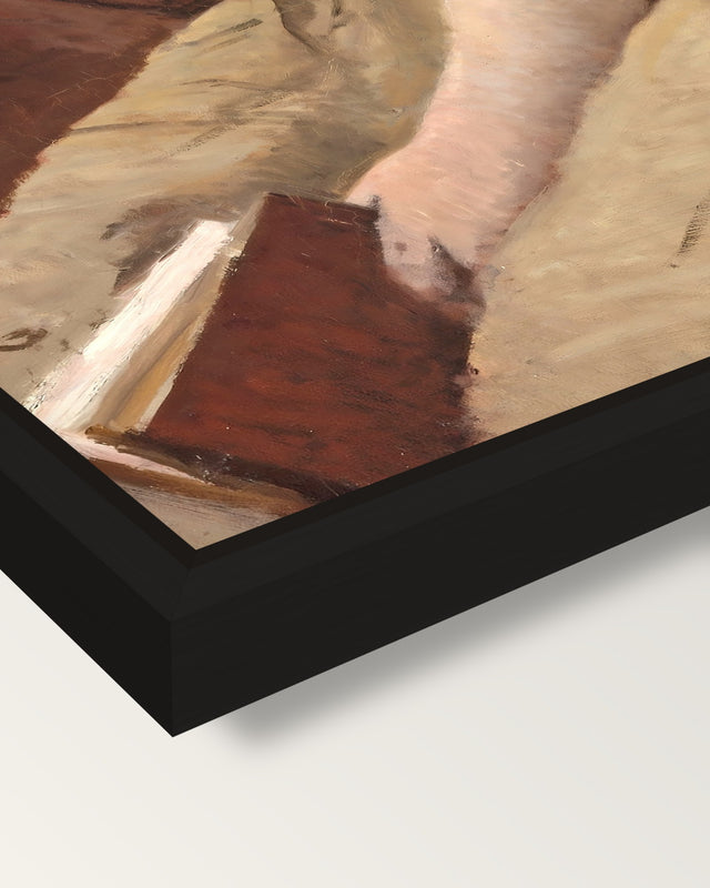 Interrupted Reading by Corot framed canvas, corner close-up: a black floating frame with a shadow gap round the canvas