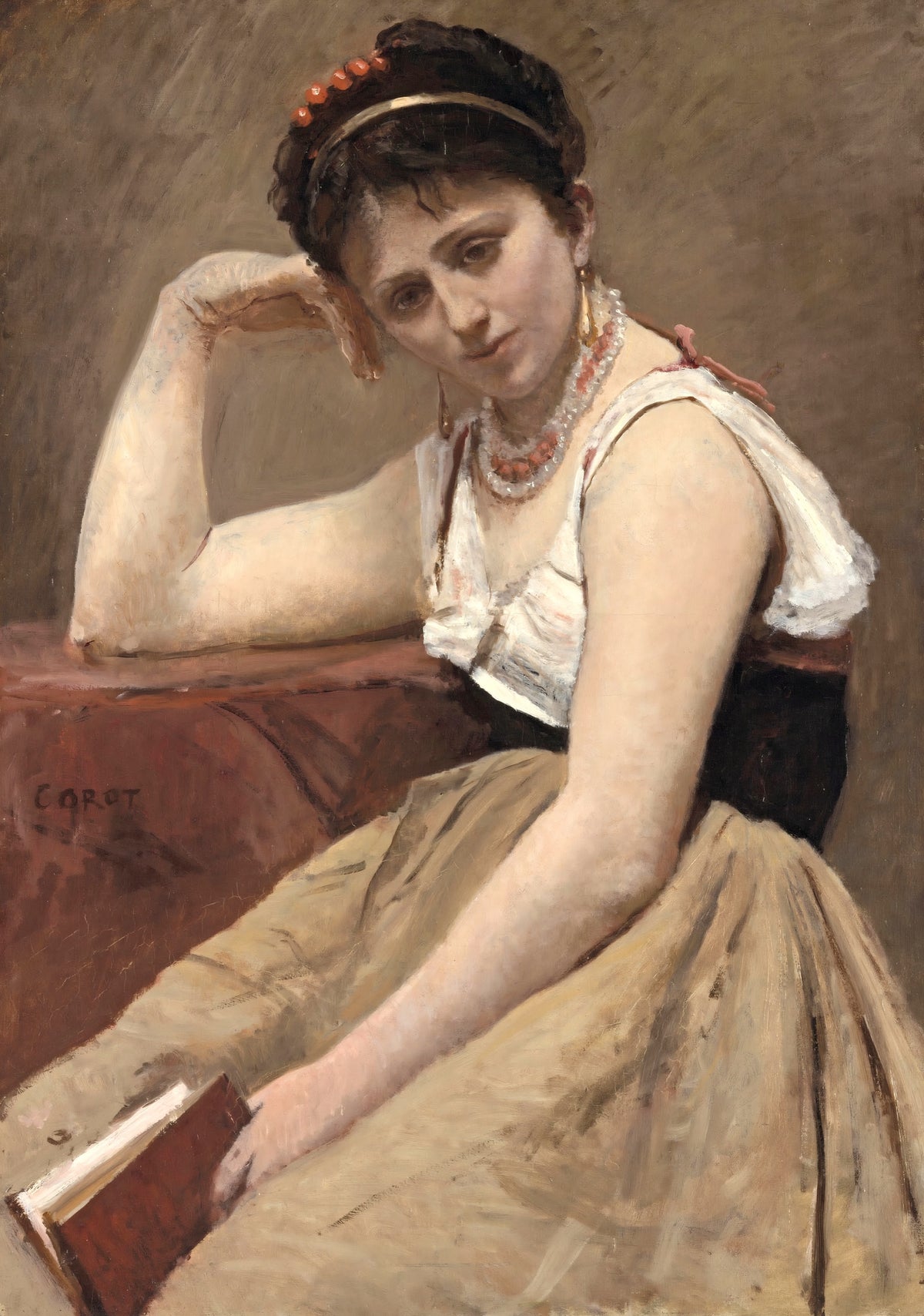 Interrupted Reading by Corot: a young woman in a white blouse and long skirt leaning on her arm, a red book in her hand