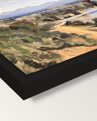 The Bridge at Narni by Corot framed canvas, corner close-up: a black floating frame with a shadow gap round the canvas