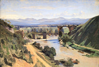 The Bridge at Narni by Corot: a broken Roman arch over a pale river, green hills and blue mountains under a bright sky