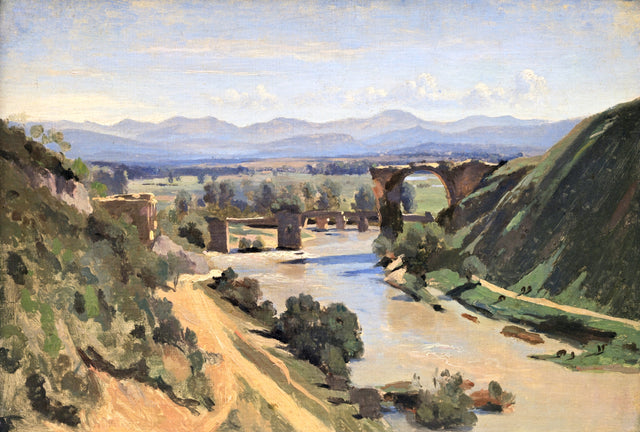 The Bridge at Narni by Corot: a broken Roman arch over a pale river, green hills and blue mountains under a bright sky