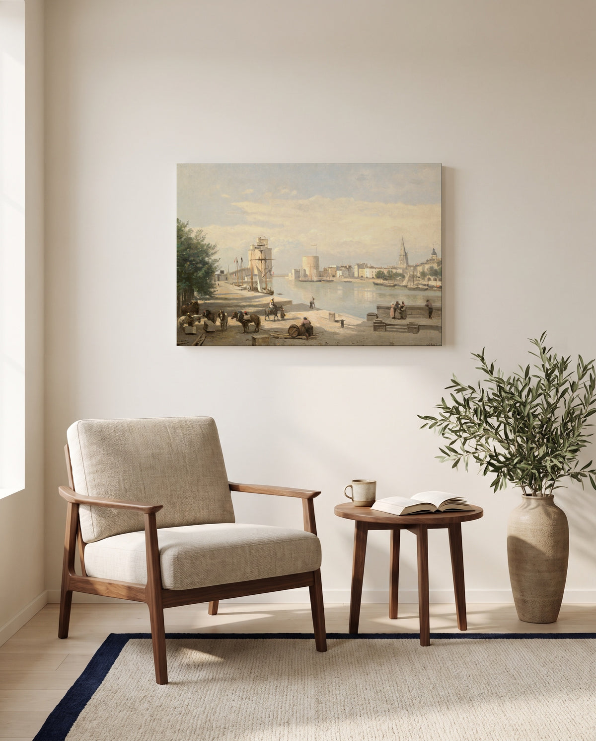 The Harbor of La Rochelle by Camille Corot as a stretched canvas above a linen lounge chair in a reading corner