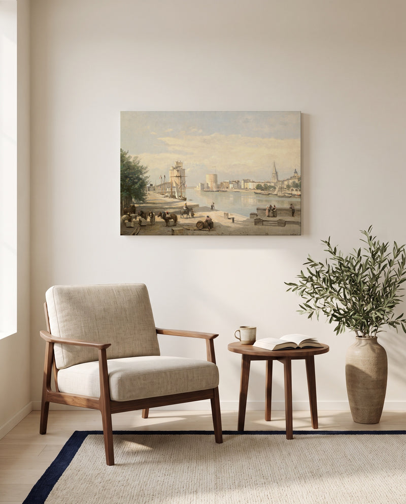The Harbor of La Rochelle by Camille Corot as a stretched canvas above a linen lounge chair in a reading corner
