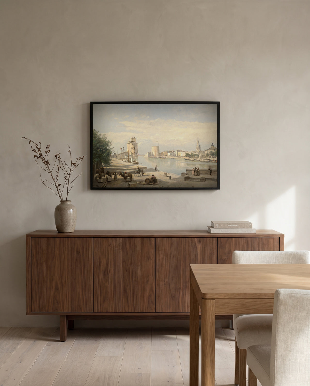 The Harbor of La Rochelle by Camille Corot in a black frame above a walnut sideboard in a dining room