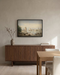 The Harbor of La Rochelle by Camille Corot in a black frame above a walnut sideboard in a dining room