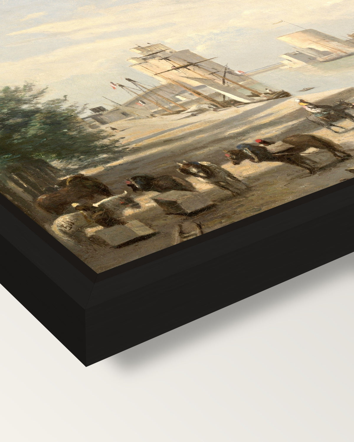 The Harbor of La Rochelle by Corot framed canvas, corner close-up: a black floating frame with a shadow gap round the canvas
