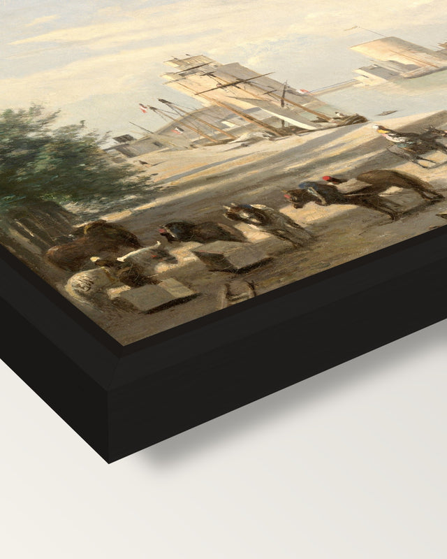The Harbor of La Rochelle by Corot framed canvas, corner close-up: a black floating frame with a shadow gap round the canvas