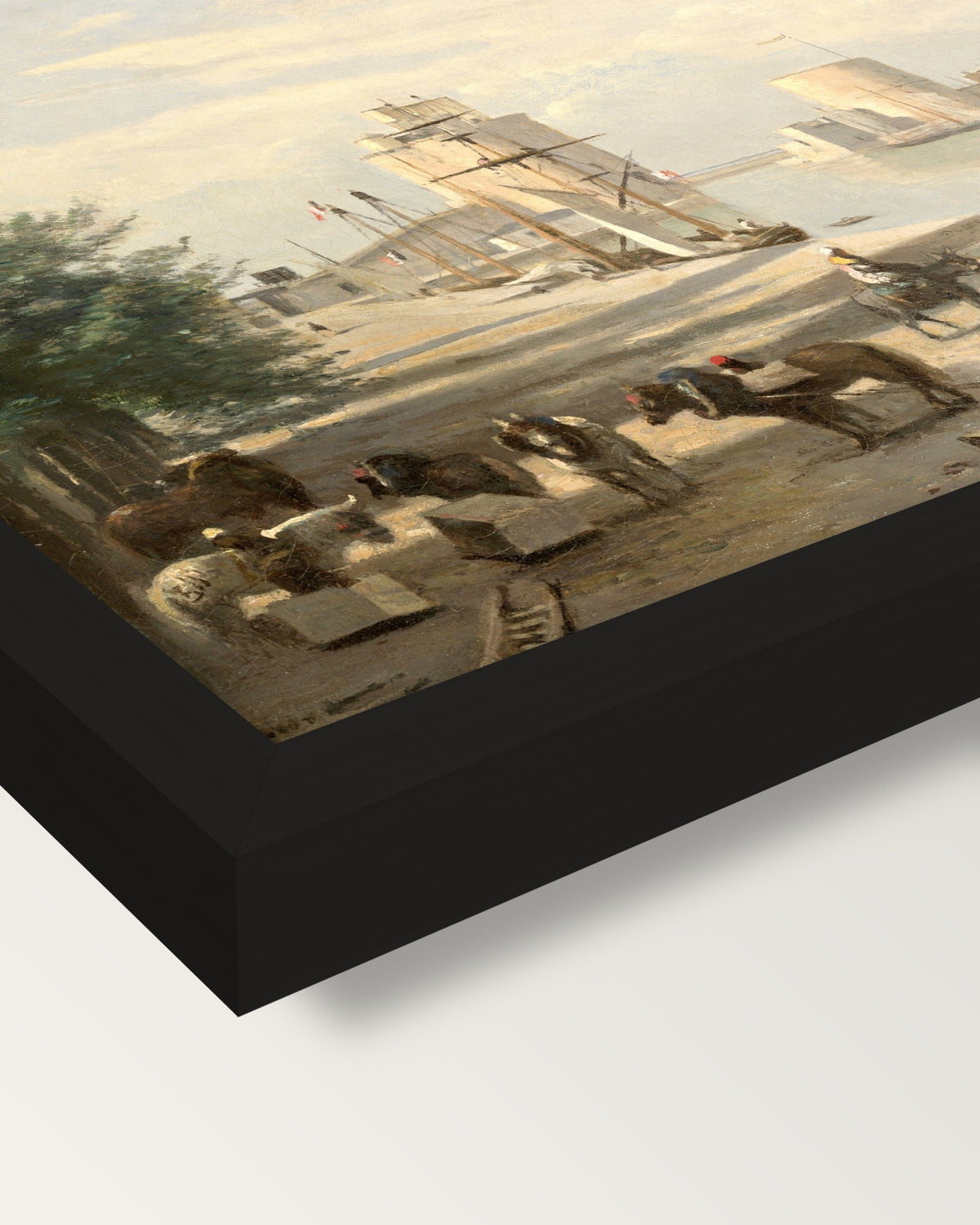 The Harbor of La Rochelle by Corot framed print, corner close-up: black moulding, mitred, the print set just below its edge