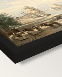 The Harbor of La Rochelle by Corot framed print, corner close-up: black moulding, mitred, the print set just below its edge
