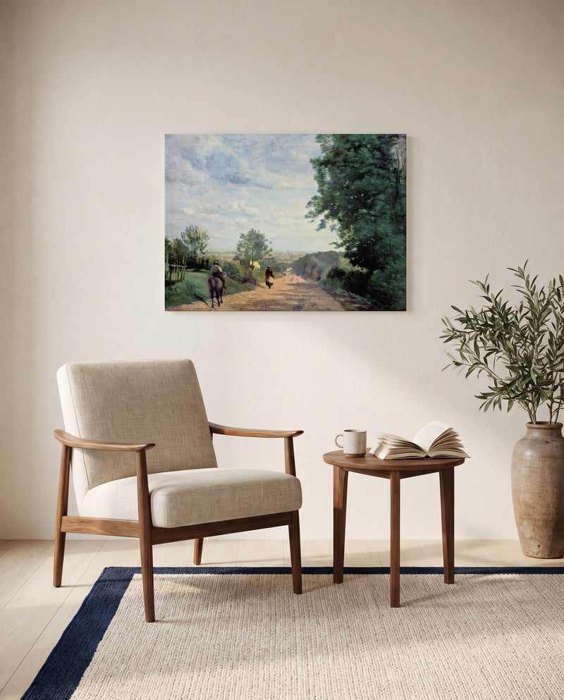 The Road from Sèvres by Camille Corot as a stretched canvas above a linen lounge chair in a reading corner