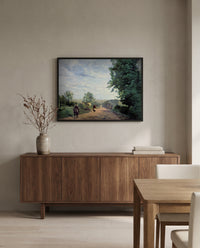 The Road from Sèvres by Camille Corot in a black frame above a walnut sideboard in a dining room