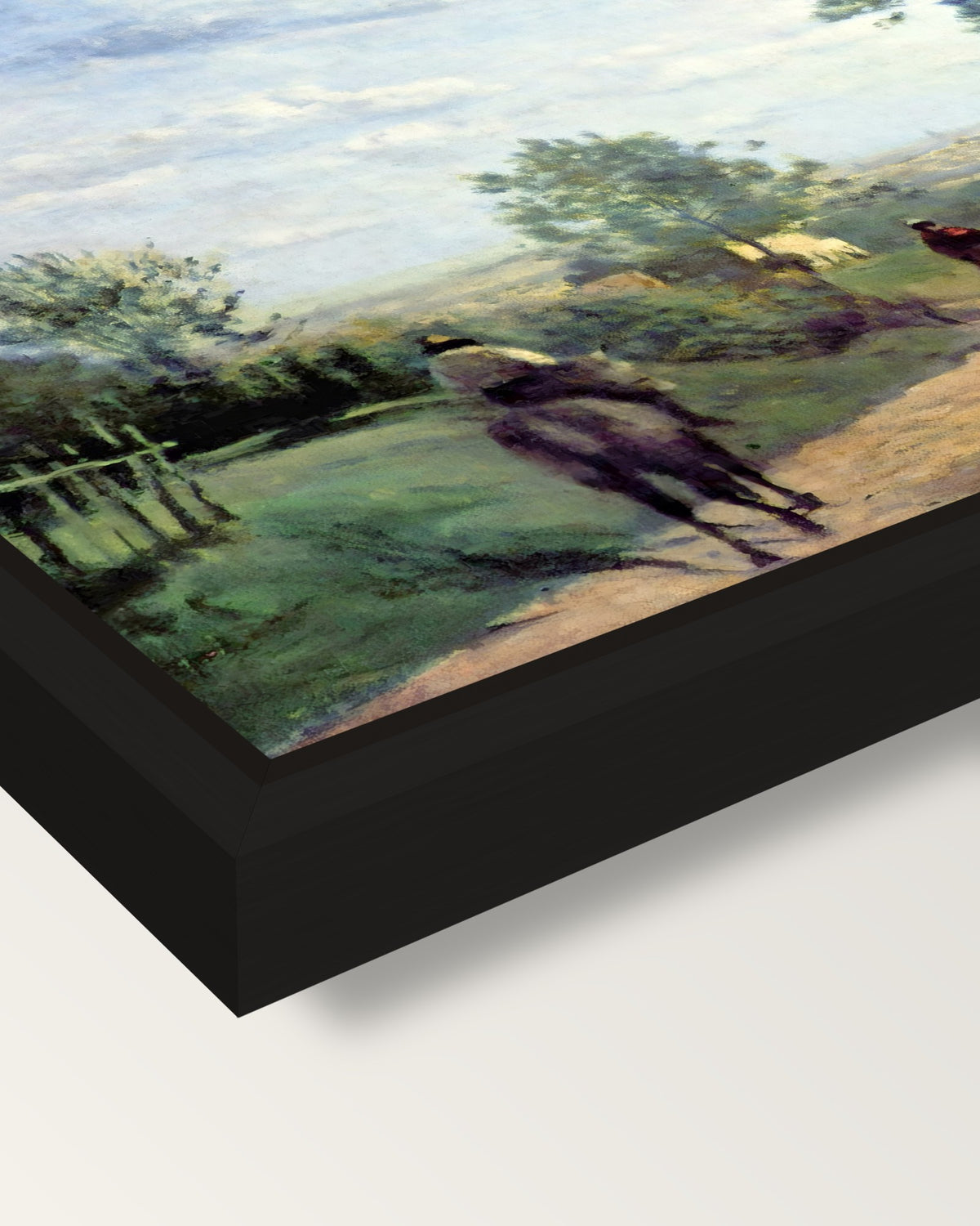 The Road from Sèvres by Corot framed canvas, corner close-up: a black floating frame with a shadow gap round the canvas