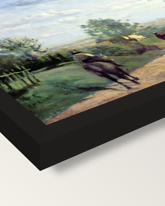 The Road from Sèvres by Corot framed print, corner close-up: black moulding, mitred, the print set just below its edge