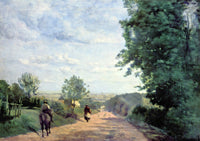 The Road from Sèvres by Corot: a sunny dirt road between tall green trees, a rider and a woman walking, a wide valley beyond