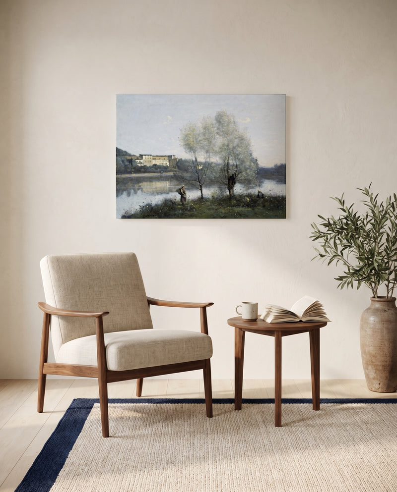 Ville-d’Avray by Camille Corot as a stretched canvas above a linen lounge chair in a reading corner