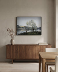 Ville-d’Avray by Camille Corot in a black frame above a walnut sideboard in a dining room
