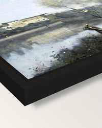 Ville-d’Avray by Camille Corot framed canvas, corner close-up: a black floating frame with a shadow gap round the canvas