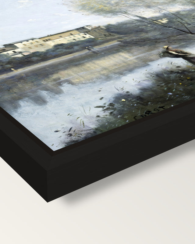 Ville-d’Avray by Camille Corot framed canvas, corner close-up: a black floating frame with a shadow gap round the canvas