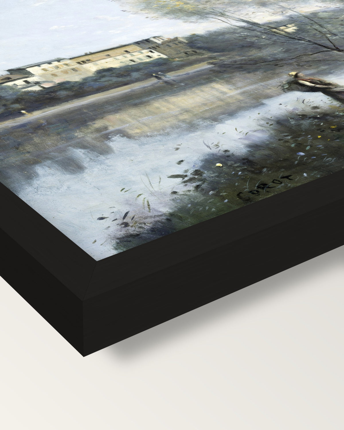 Ville-d’Avray by Camille Corot framed print, corner close-up: black moulding, mitred, the print set just below its edge