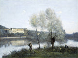 Ville-d’Avray by Corot: pale willows by a calm pond, white houses on the far shore reflected in the water, two figures