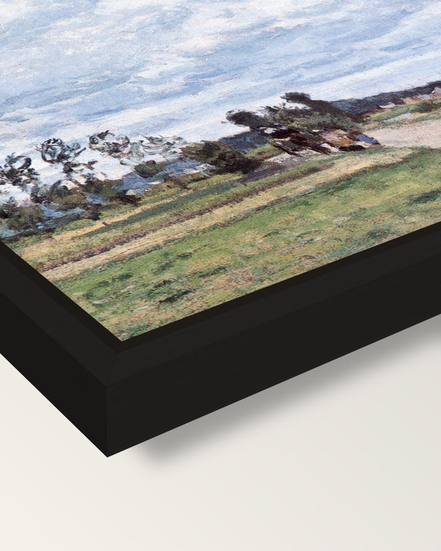 The Banks of the Oise by Pissarro framed canvas, corner close-up: a black floating frame with a shadow gap round the canvas