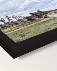 The Banks of the Oise by Pissarro framed print, corner close-up: black moulding, mitred, the print set just below its edge
