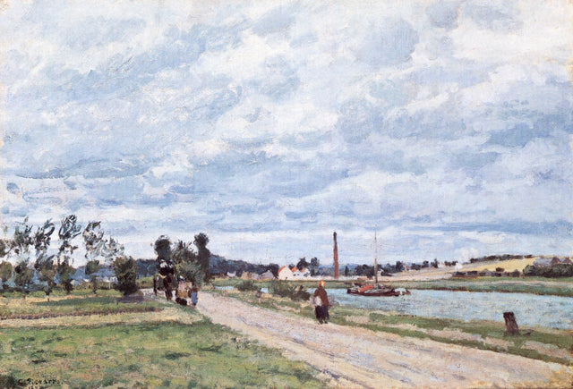 The Banks of the Oise near Pontoise by Pissarro: a road along a river under a big cloudy sky, a barge and a distant chimney