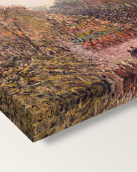 Boulevard Montmartre, Mardi Gras on stretched canvas, corner close-up: the painting mirror-wrapped round the sides