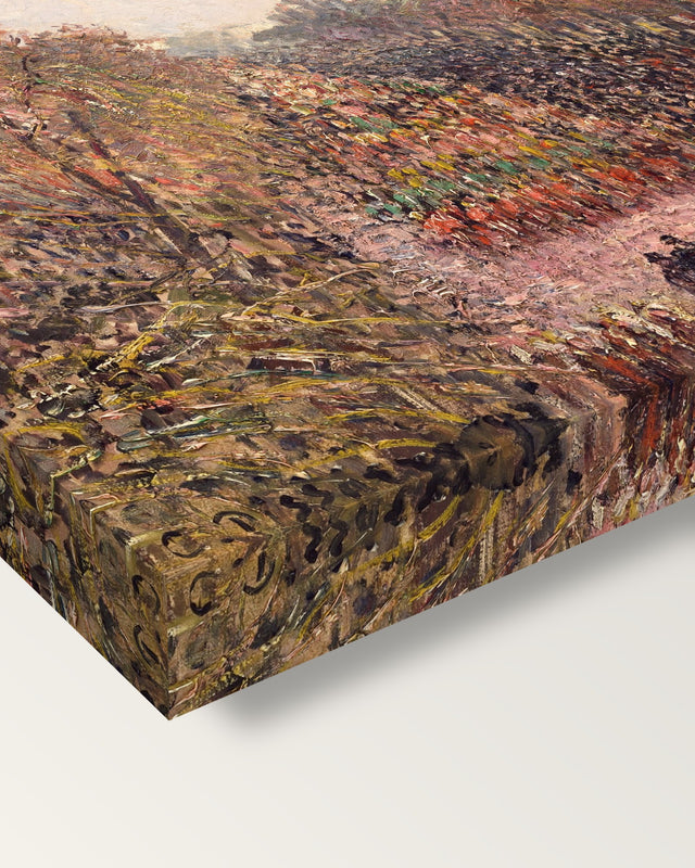 Boulevard Montmartre, Mardi Gras on stretched canvas, corner close-up: the painting mirror-wrapped round the sides