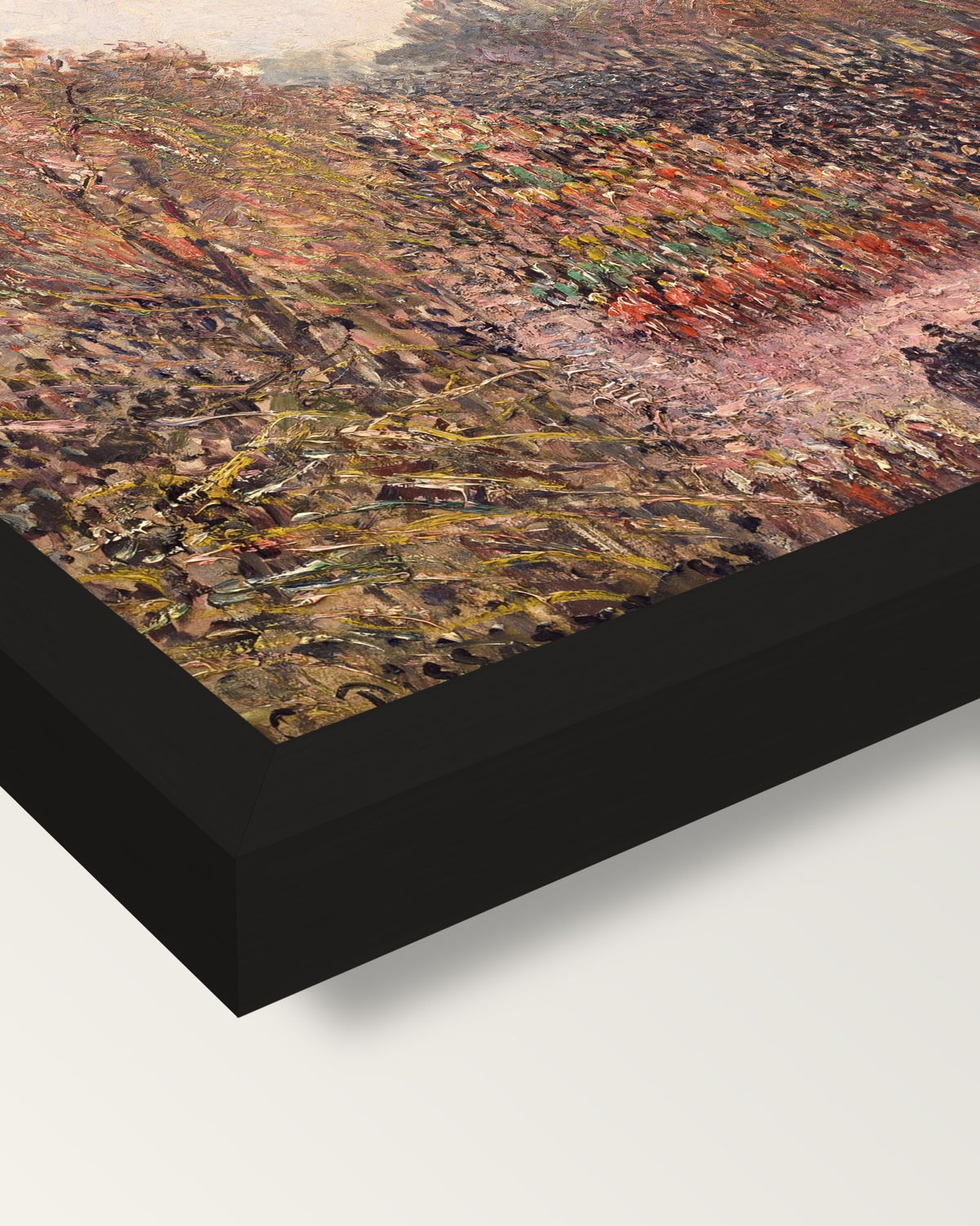 Boulevard Montmartre, Mardi Gras framed print, corner close-up: black moulding, mitred, the print set just below its edge