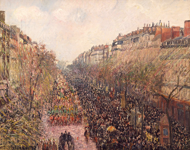Boulevard Montmartre, Mardi Gras by Pissarro: a carnival crowd fills a Paris boulevard seen from above, trees and buildings