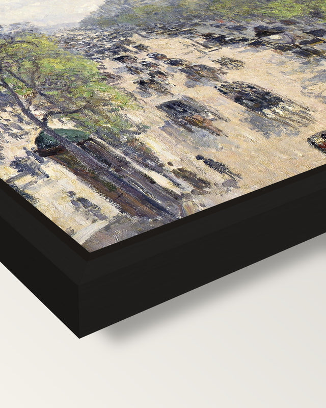 Boulevard Montmartre, Spring framed canvas, corner close-up: a black floating frame with a shadow gap round the canvas