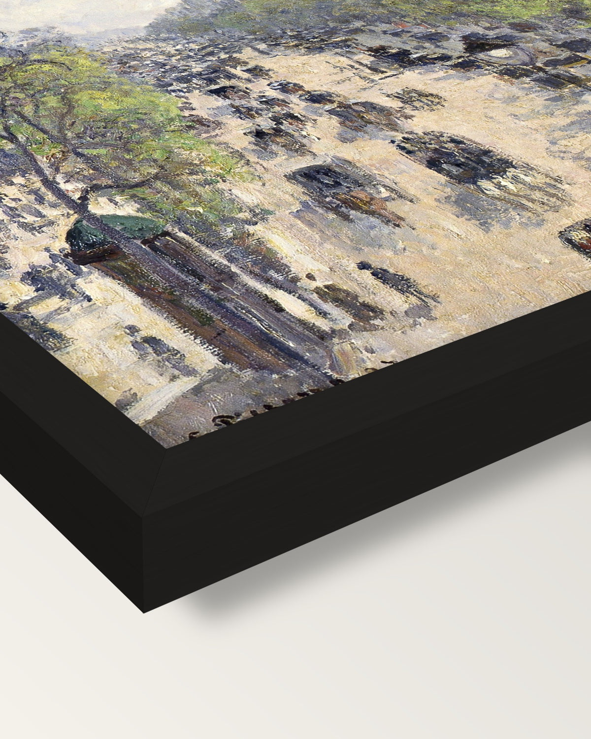 Boulevard Montmartre, Spring framed print, corner close-up: black moulding, mitred, the print set just below its edge