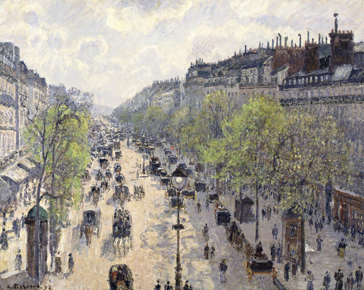 Boulevard Montmartre, Spring by Pissarro: a long Paris boulevard with trees, carriages and crowds, from above