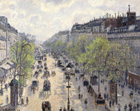 Boulevard Montmartre, Spring by Pissarro: a long Paris boulevard with trees, carriages and crowds, from above