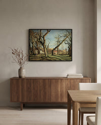 Chestnut Grove by Camille Pissarro in a black frame above a walnut sideboard in a dining room