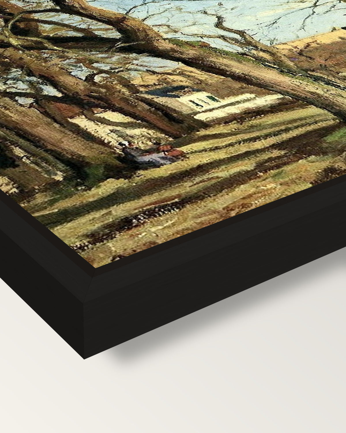 Chestnut Grove by Camille Pissarro framed canvas, corner close-up: a black floating frame with a shadow gap round the canvas
