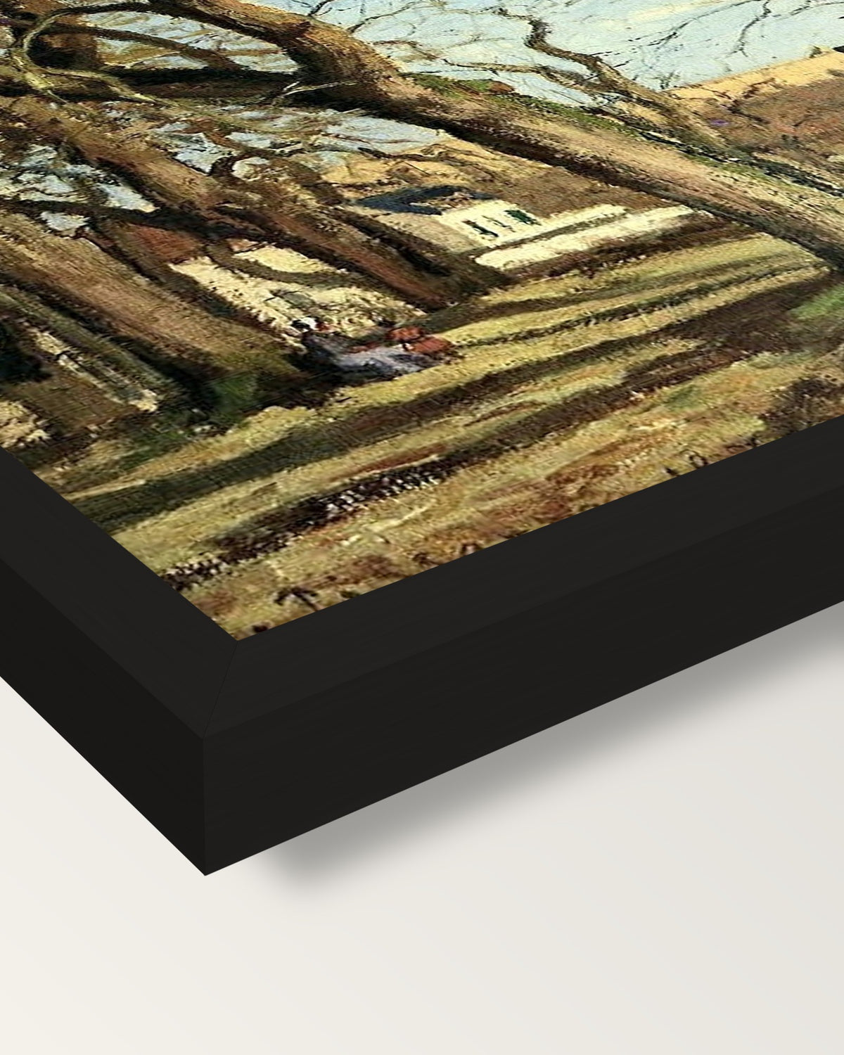Chestnut Grove by Camille Pissarro framed print, corner close-up: black moulding, mitred, the print set just below its edge