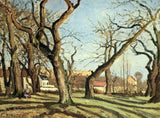Chestnut Grove at Louveciennes by Pissarro: bare chestnut trees with twisting branches on a blue sky, white houses beyond