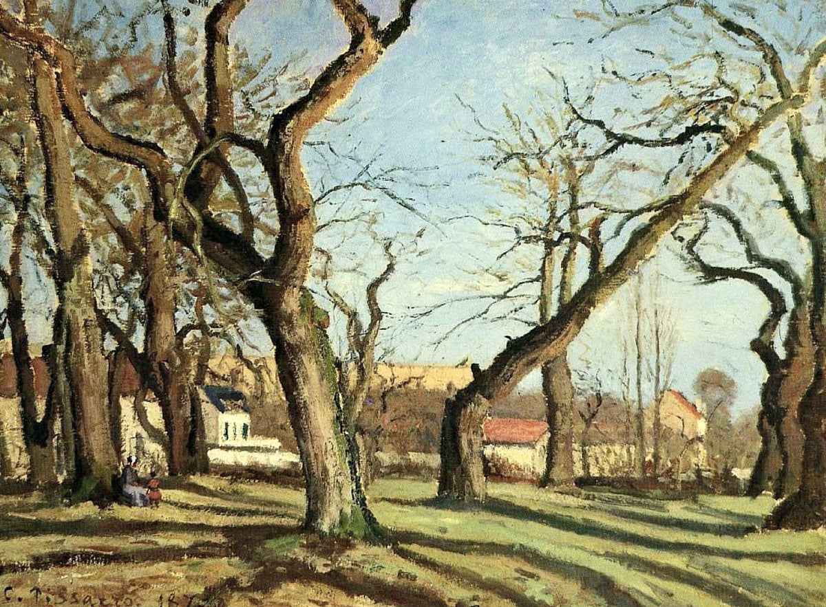Chestnut Grove at Louveciennes by Pissarro: bare chestnut trees with twisting branches on a blue sky, white houses beyond