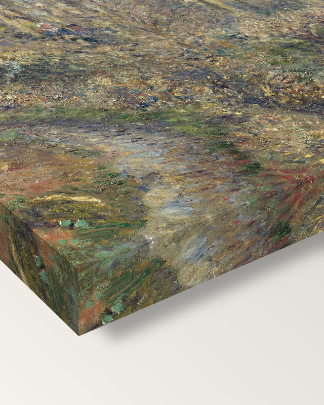 The Côte des Bœufs by Camille Pissarro on stretched canvas, corner close-up: the painting mirror-wrapped round the sides