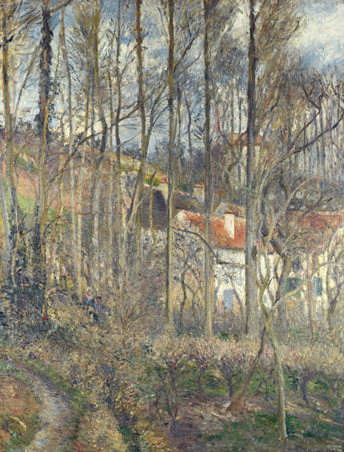The Côte des Bœufs by Pissarro: tall bare tree trunks screen red-roofed houses on a steep hillside, two figures on a path