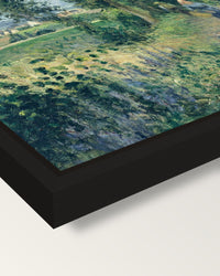 Côte des Grouettes by Pissarro framed canvas, corner close-up: a black floating frame with a shadow gap round the canvas