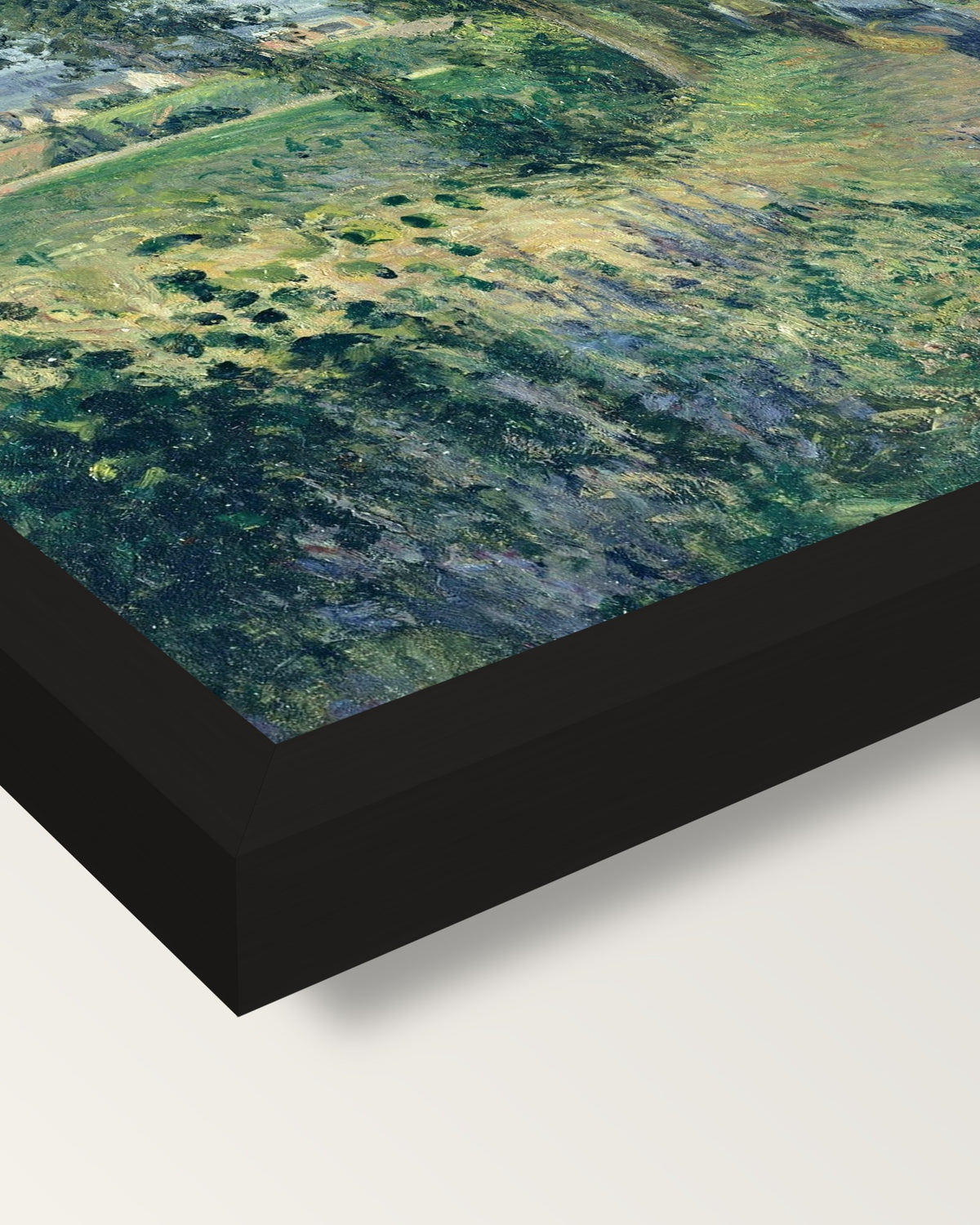 Côte des Grouettes by Pissarro framed print, corner close-up: black moulding, mitred, the print set just below its edge