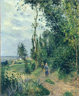 Côte des Grouettes by Pissarro: a hillside path between tall green trees and bushes, small figures walking, cloudy sky