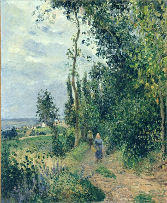 Côte des Grouettes by Pissarro: a hillside path between tall green trees and bushes, small figures walking, cloudy sky